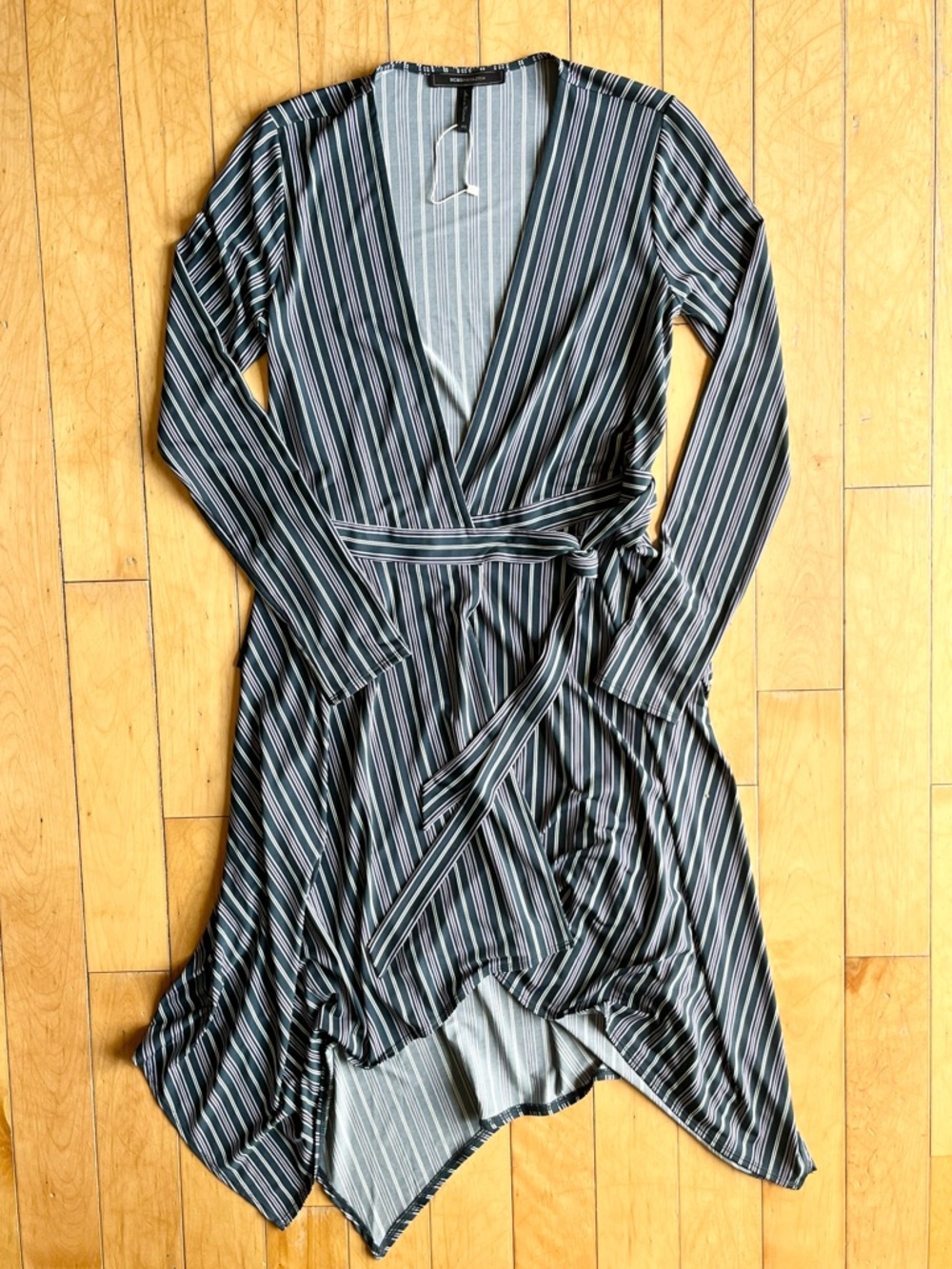 BCBGMaxAzria Black, White and Gray Striped Asymmetrical Wrap Dress